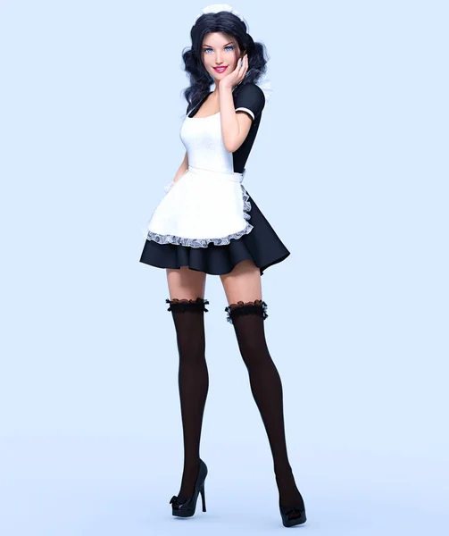 Krásná Mladá Atraktivní Dívka Panna Černé Šaty Punčochy Bílou Zástěru — Stock fotografie