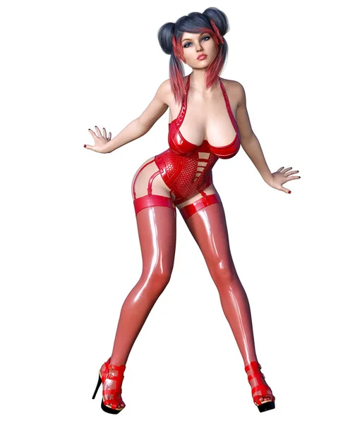 Beautiful Sexy Brunette Girl Red Latex Corset Stockings Minimalist Extravagant — Stock Photo, Image