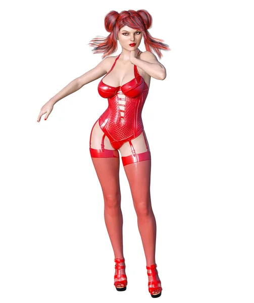 Krásné Sexy Brunetka Červené Latexové Korzet Punčochy Minimalistické Extravagantní Oblečení — Stock fotografie