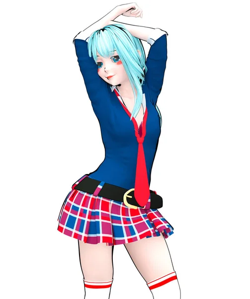 3D sexy anime doll japanese anime schoolgirl big blue eyes and bright makeup. Skirt cage. Cartoon, comics, sketch, drawing, manga illustration. Conceptual fashion art. Seductive candid pose.