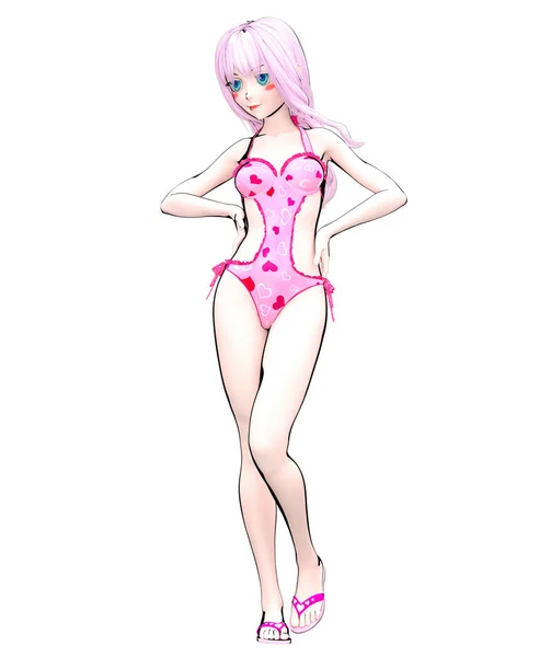 3D sexy anime doll girl big blue eyes bright makeup.Pink swimsuit hearts.Cartoon, comics, sketch, drawing, manga illustration.Conceptual fashion art.Seductive candid pose.Summer clothes collection