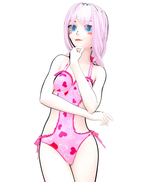 3D sexy anime doll girl big blue eyes bright makeup.Pink swimsuit hearts.Cartoon, comics, sketch, drawing, manga illustration.Conceptual fashion art.Seductive candid pose.Summer clothes collection