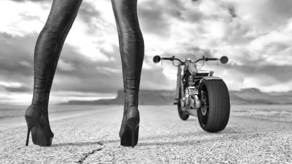 Female legs leather boots background of road and sky — Stock Photo, Image