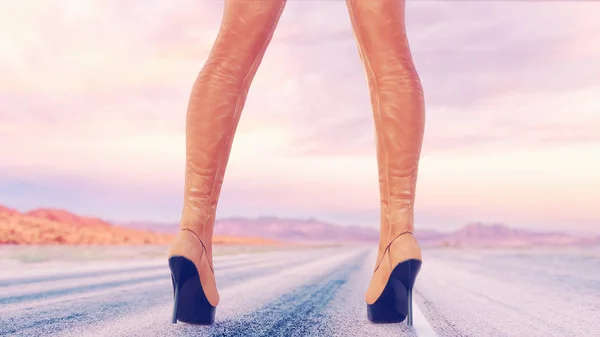 Kvinnliga ben läder stövlar bakgrund av väg och himmel — Stockfoto