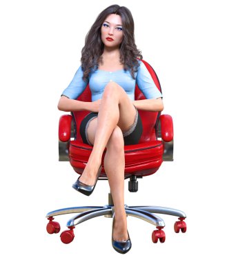 Sandalyede uzun saçlı esmer sekreter.