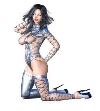 Uzun boylu, gösterişli, gümüş iç çamaşırlı bir kadın..