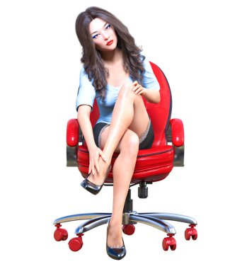 Sandalyede uzun saçlı esmer sekreter.