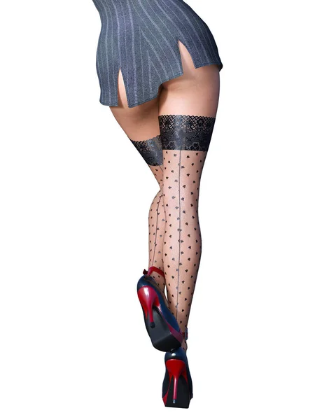 Långa smala sexiga ben kvinna kort kjol Strumpor. — Stockfoto