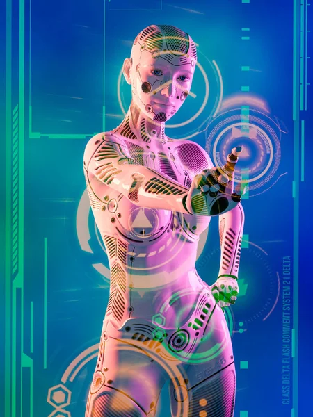 Woman robot and neon holographic display.