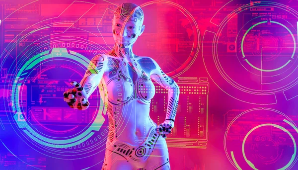 Žena robot a neonový holografický displej. — Stock fotografie