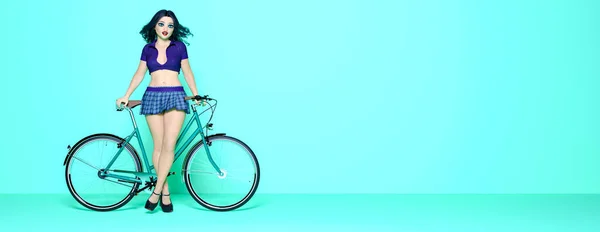 Vintage bicicleta y mujer en la habitación —  Fotos de Stock