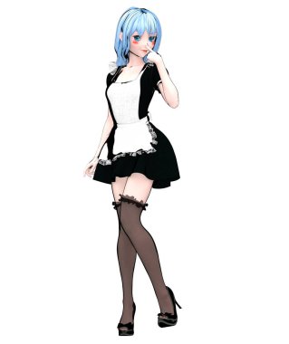 3d sexy anime japanese anime girl big eyes.Short black dress dark stockings.Cartoon, comics, sketch, drawing, manga design.Maid fetish uniform.Conceptual fashion art.Render illustration for popsocket