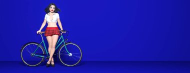 Girl skirt on bicycle.Ecological urban transport.Vintage bicycle room against wall.Studio photography.Minimal style.Copy space. 3D render bike illustration.Modern trend color 2020-Phantom Blue
