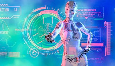 Woman robot and neon holographic display.White metal droid.Command centre.Neural networks.Artificial Intelligence.Conceptual fashion art.3D render.Colorful smoke background.Sci-fi.Future is today