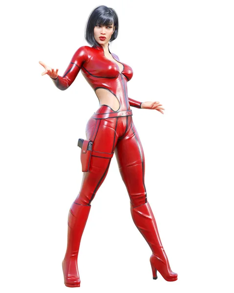 Όμορφη Ψηλή Γυναίκα Δερμάτινο Κόκκινο Bodysuit Latex Στενή Τοποθέτηση Suit — Φωτογραφία Αρχείου