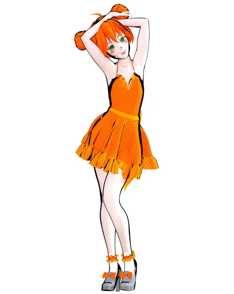 日本女孩绿色的大眼睛亮丽的妆容橙色肥大的短裙卡通 概念时尚艺术 — 图库照片