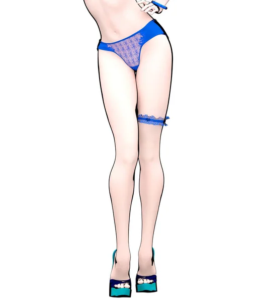Renderować Sexy Anime Kobieta Szczupłe Kobiece Nogi Niebieskie Majteczki Koronkowe — Zdjęcie stockowe