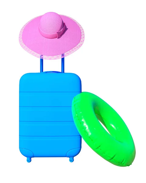 Koffer Mit Frau Sonnenhut Und Gummiring Aufblasbarer Kreis Reisegepäckkonzept Urlaub — Stockfoto