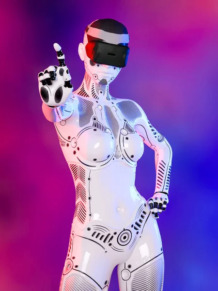 Жінка Робот Окуляри Віртуальної Реальності Білий Металевий Дроїд Нейронні Мережі — стокове фото