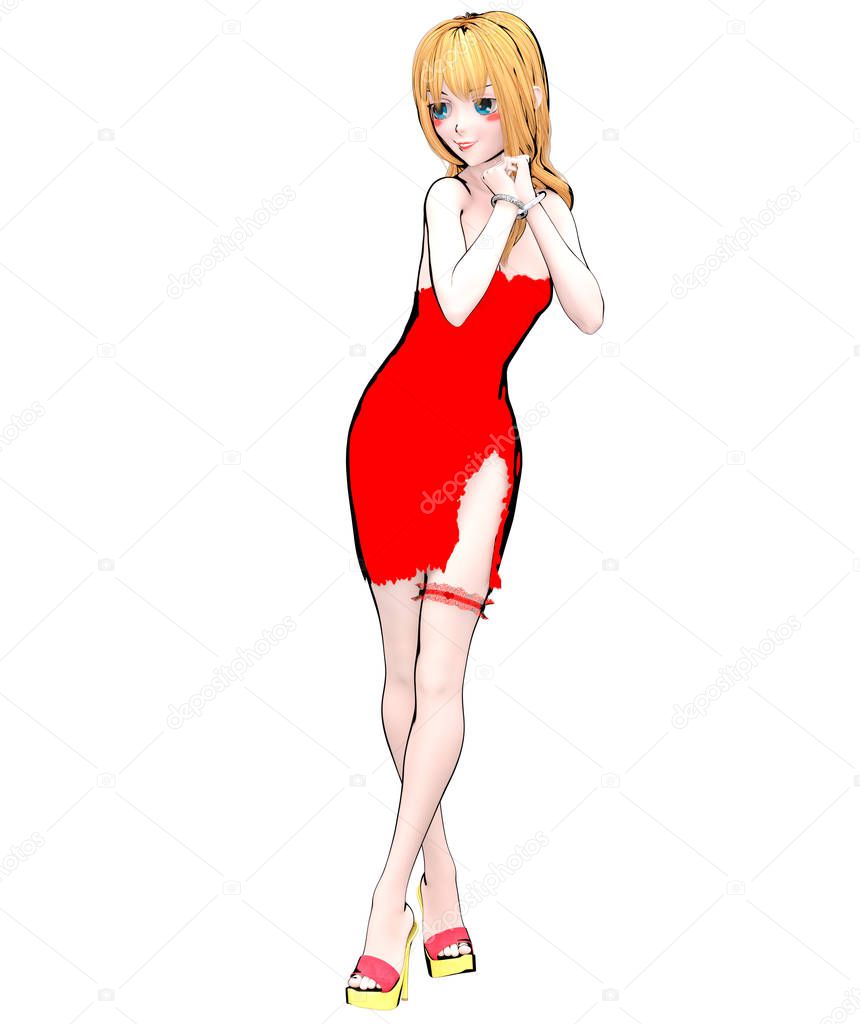 3D render sexy anime doll japanese girl big blue eyes bright makeup.Red short dress with slit.Lace garter on leg.Cartoon, comics, sketch, drawing, manga isolated illustration.Conceptual fashion art.