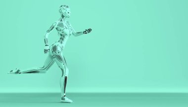 Robot kadını çalıştır. Beyaz metal droid kızı. Yapay Zeka. Kavramsal moda sanatının 3D çizimi. Stüdyo, Modern trend rengi 2020-Aqua Menthe.Kopyalama alanı.