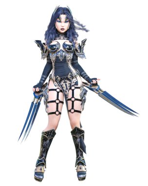 Savaşçı Amazon kadın metal bıçak. Uzun koyu renk saç. Komik kahraman. Kaslı atletik vücut. Agresif duruş gösteren kız.