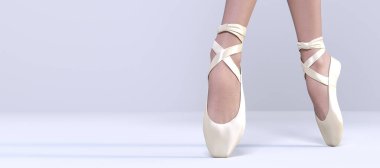 3D Ballerina legs light classic pointe shoes. Dancing woman. Ballet dancer. Studio photography. Conceptual fashion art render. Pastel gray background. Close up view. Copy space