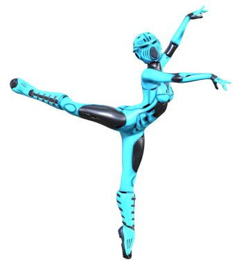 Dancing robot woman.Azure matte plastic metal droid.Android girl.Artificial Intelligence.Conceptual fashion art.3D render illustration.Studio, isolate, high key.