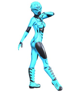 Dancing robot woman.Azure matte plastic metal droid.Android girl.Artificial Intelligence.Conceptual fashion art.3D render illustration.Studio, isolate, high key.
