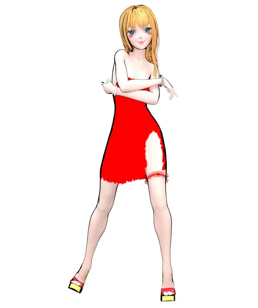 애니메이션 아가씨크고 눈밝은 임시방편빨간 드레스를 Leg Cartoon Comics Sketch Drag — 스톡 사진