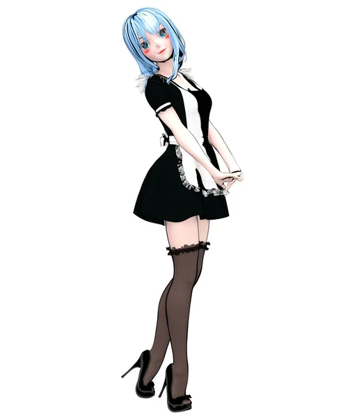 3d sexy anime japanese anime girl big eyes.Short black dress dark stockings.Cartoon, comics, sketch, drawing, manga design.Maid fetish uniform.Conceptual fashion art.Render illustration for popsocket