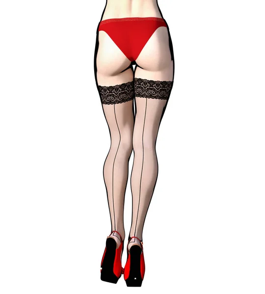 3D美しい女性の足の黒いストッキングと赤のパンティー 女性のスタジオの写真 High Heel コンセプチュアルなファッションアート 誘惑率直な立場 レンダリングイラスト スケッチ — ストック写真