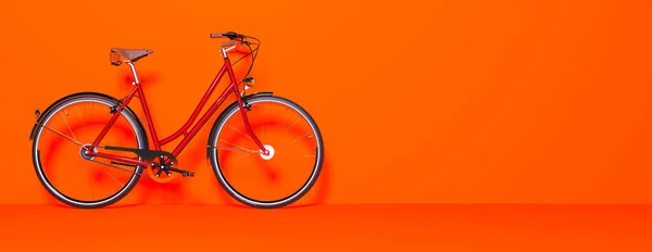 Ecological urban transport.Vintage bicycle room against wall.Studio photography.Minimal style.Copy space. 3D render bike conceptual illustration.Modern trend color 2020-Lush Lava