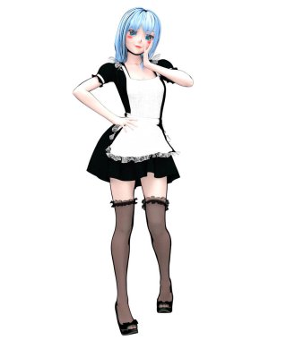 3d sexy anime japanese anime girl big eyes.Short black dress dark stockings.Cartoon, comics, sketch, drawing, manga design.Maid fetish uniform.Conceptual fashion art.Render illustration for popsocket