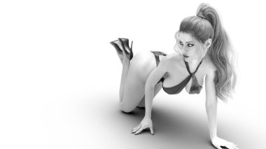 3D beautiful woman in monokini swimsuit.Conceptual fashion art.Seductive candid pose.Realistic render illustration.Studio photography.Isolate.High key monochrome.Black and white clipart