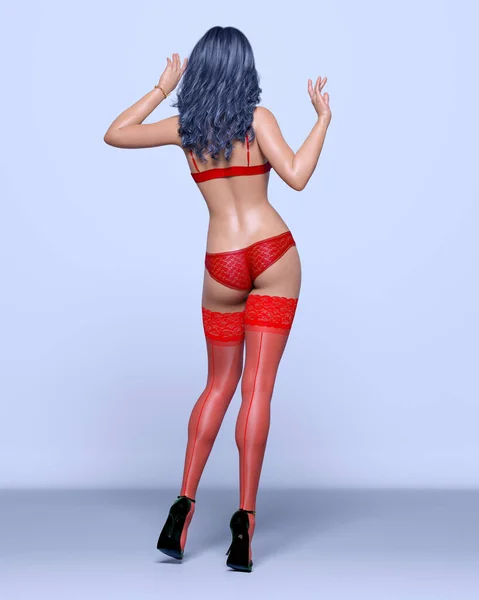 Beautiful Sexy Blonde Girl Red Lingerie Stockings Light Background Woman — Stockfoto