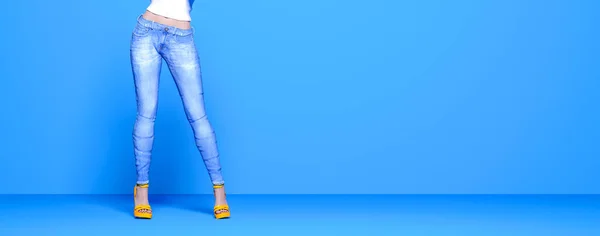 Γυναίκα Μπλε Jeans Female Πόδια Παστέλ Τοίχο Φόντο Woman Στούντιο — Φωτογραφία Αρχείου