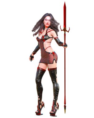 Üç boyutlu Japon suikastçı Amazon kadın canlandırması. Fütürist neon ışıltısı kostüm aldatmacası. Kavramsal moda sanatı. Baştan çıkarıcı samimi poz. İzole edilmiş.