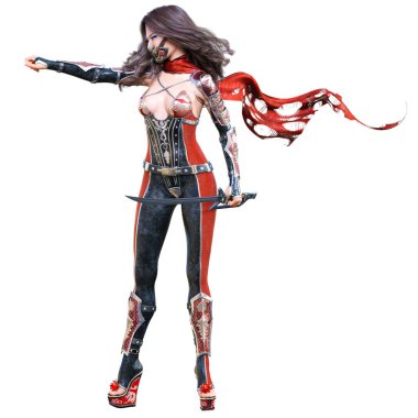 Maskeli ve kılıçlı üç boyutlu seksi Japon suikastçı kadın. Kavramsal moda sanat illüstrasyonu. Baştan çıkarıcı samimi poz. izole.