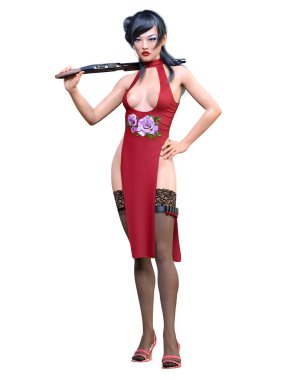 3D Japon savaşçısı Amazon kadın av tüfeği. Uzun elbise ve kesik. Çizgi film, çizgi roman, manga illüstrasyonu. Kavramsal moda sanatı.