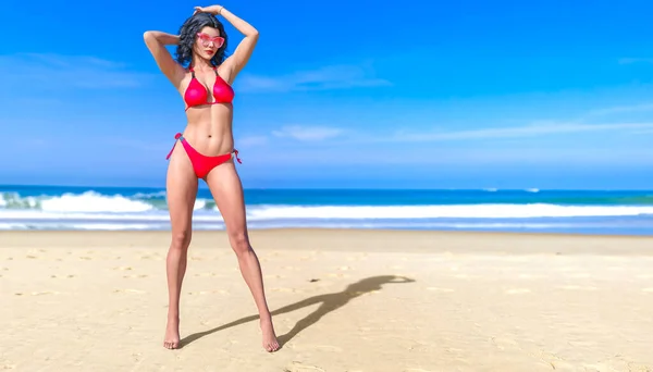 Piękny Opalony Kobieta Strój Kąpielowy Bikini Morze Plaża Dziewczyna Okulary — Zdjęcie stockowe