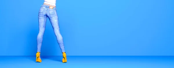 Woman Blue Jeans Female Legs Pastel Wall Background Woman Studio — Stock Photo, Image