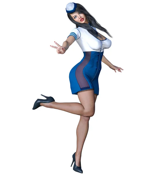 Belle Femme Hôtesse Air Girl Short Robe Blanche Bleue Bas — Photo