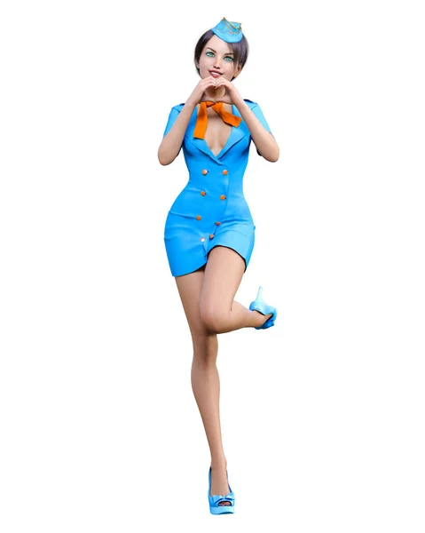 Belle Femme Hôtesse Air Girl Short Robe Bleue Cap Conceptual — Photo