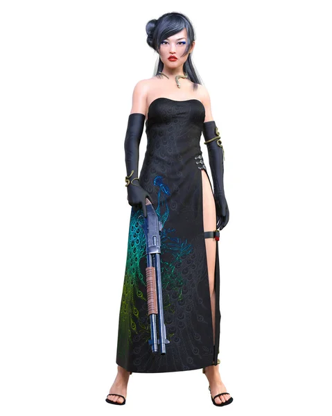 Guerreiro Japonês Amazon Mulher Shotgun Render Long Vestido Com Slit — Fotografia de Stock