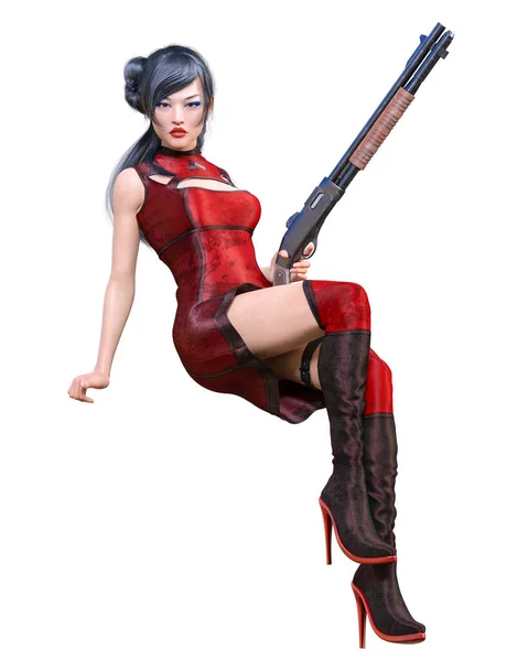 Japansk Krigare Amazon Kvinna Hagelgevär Render Red Klänningar Comic Cosplay — Stockfoto