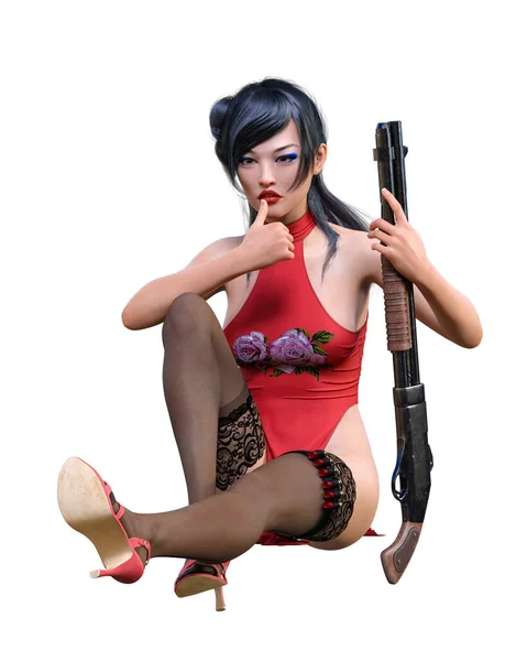 Japoński Wojownik Amazonka Kobieta Shotgun Render Long Sukienka Slit Comic — Zdjęcie stockowe
