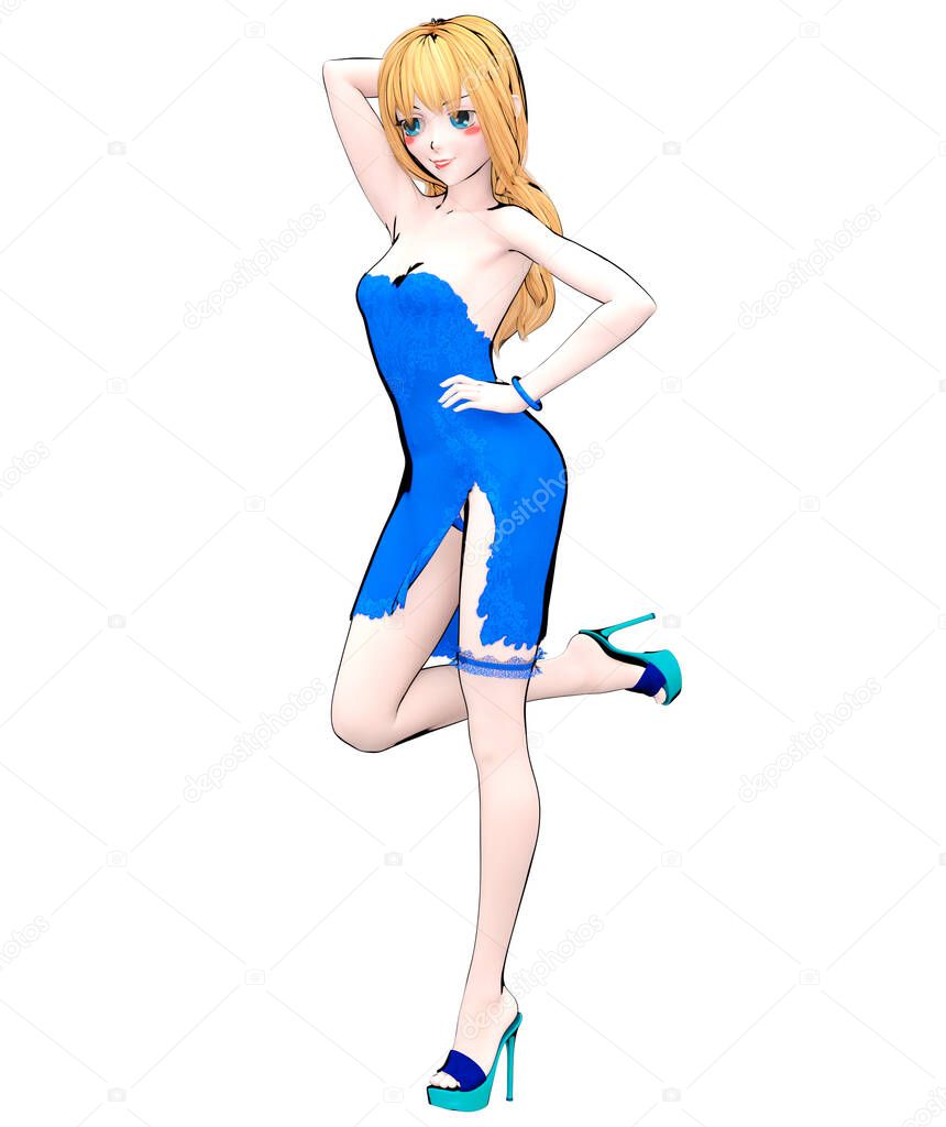 3D render sexy anime doll japanese girl big blue eyes bright makeup.Blue short dress with slit.Lace garter on leg.Cartoon, comics, sketch, drawing, manga isolated illustration.Conceptual fashion art.