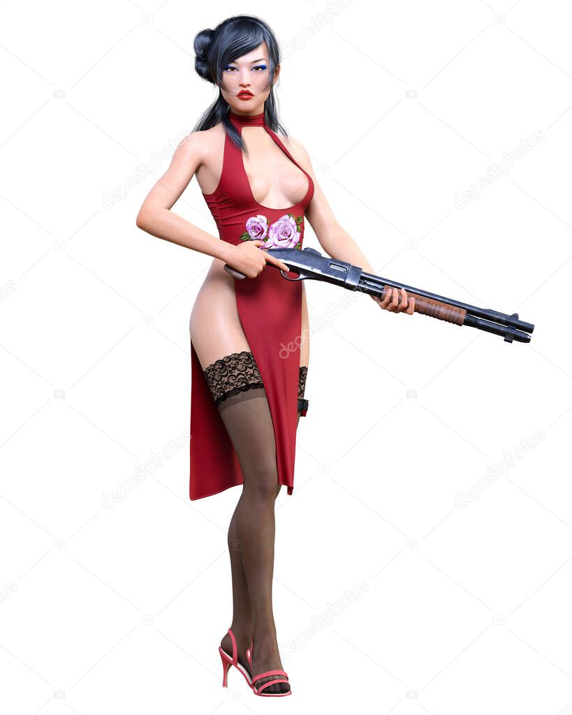 3D japanese warrior amazon woman shotgun render.Long dress with slit.Comic cosplay hero.Cartoon, comics, manga illustration.Conceptual fashion art.Seductive candid pose.Isolated