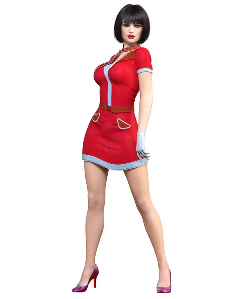 Mulher Bonita Stewardess Air Hostess Voo Girl Short Vestido Voo — Fotografia de Stock